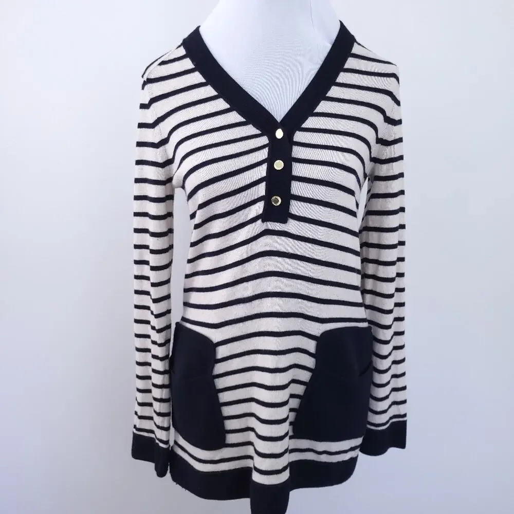 Tory Burch Striped Sweater Small Navy, Cream Wool Cashmere Model Blend, Vneck